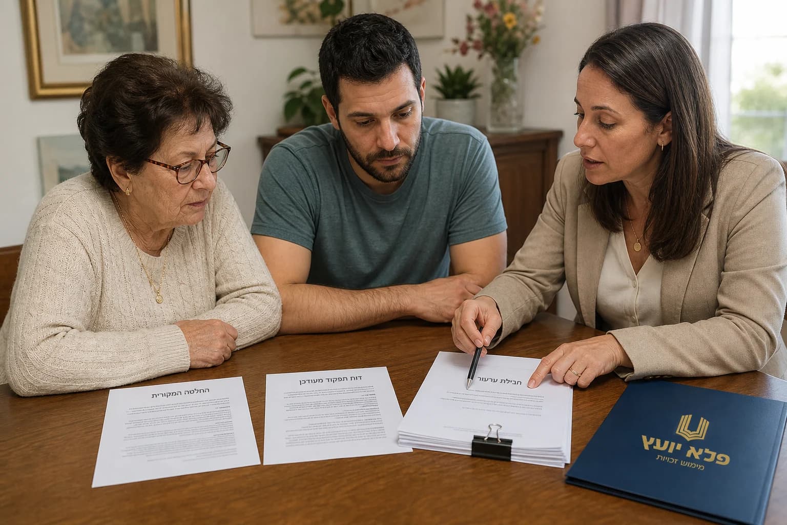 משפחה עוברת עם יועצת על מכתב החלטה וחבילת ערעור