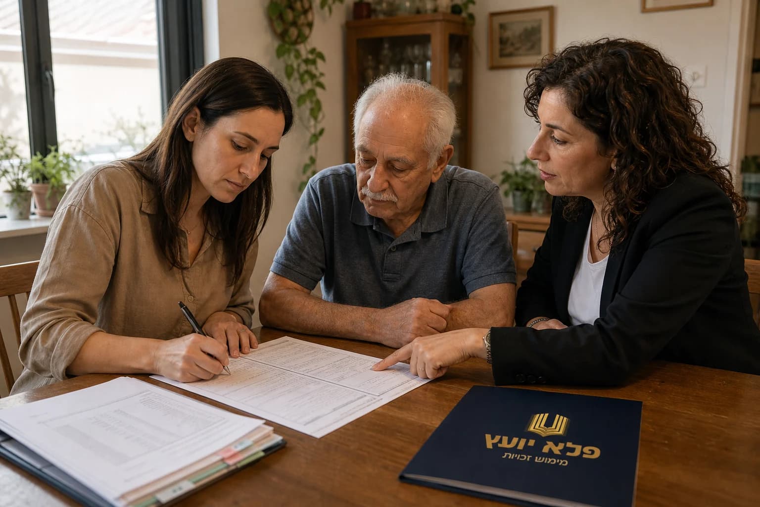 בת ואב ממלאים טופס תביעת סיעוד בליווי אשת מקצוע של פלא יועץ