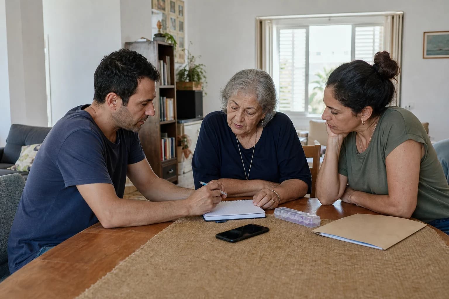 בני משפחה ישראלים מתכננים יחד את הטיפול באם המבוגרת
